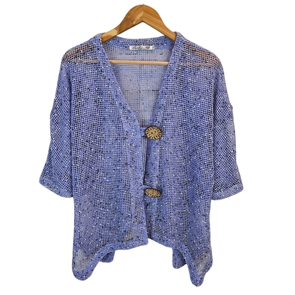 Lulu-B Purple Open Weave Cardigan Size Medium Oversized Wood Buttons Casual - Picture 2 of 12